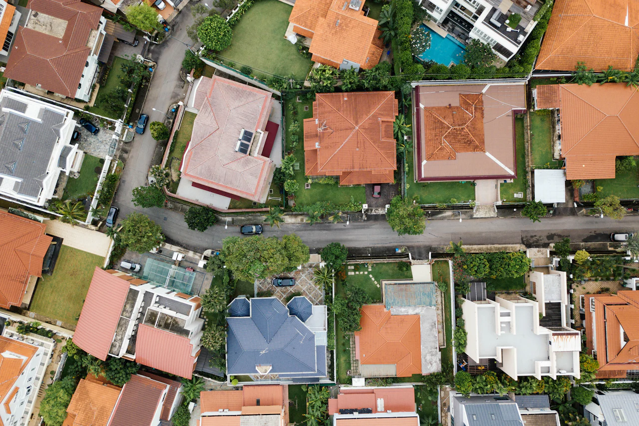 Plots and rooftops seen from directly overhead — Demo Plot — Keraniganj Riverside