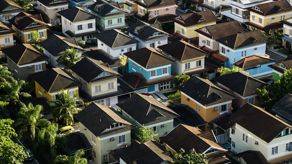 Residential streets in a planned neighbourhood, seen from the air