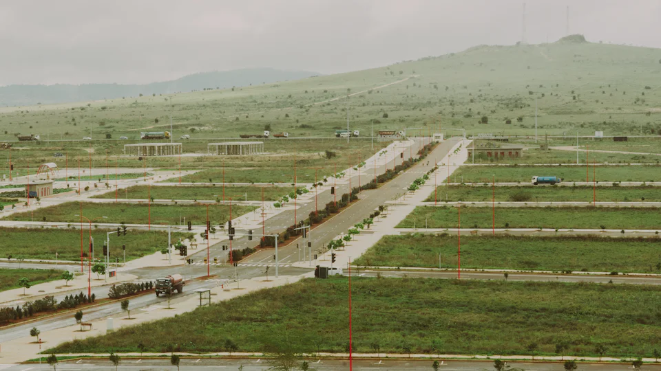 Roads and marked-out plots in a newly laid out development