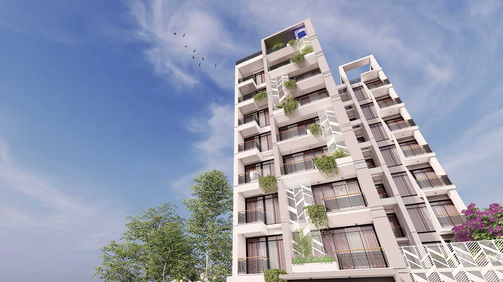 A nine-storey residential building seen from the street, balconies planted, against a blue sky