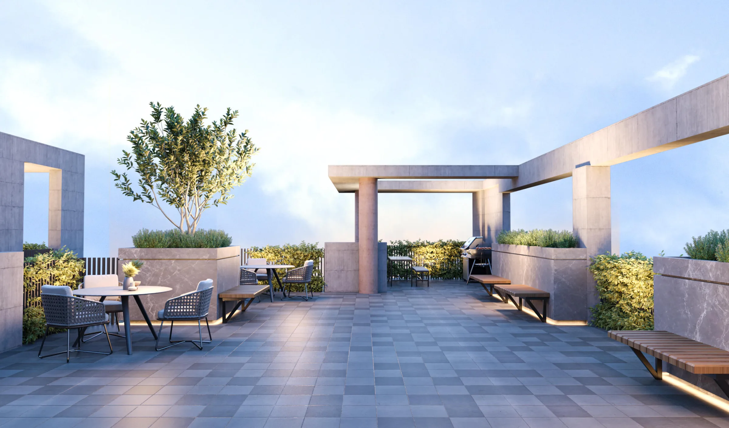 Roof garden lawn and pergola