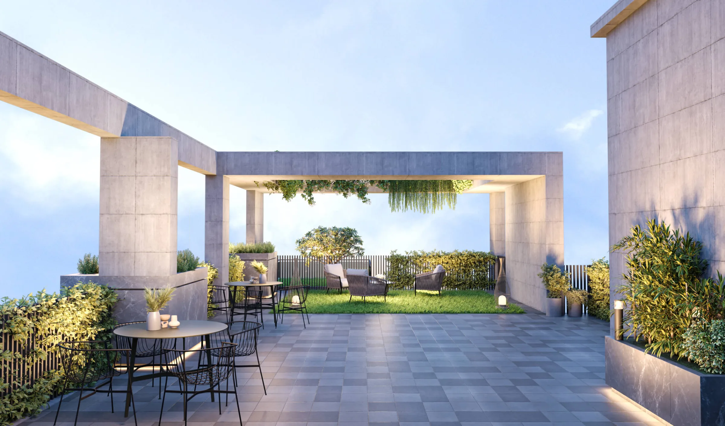 Shaded seating deck on the roof