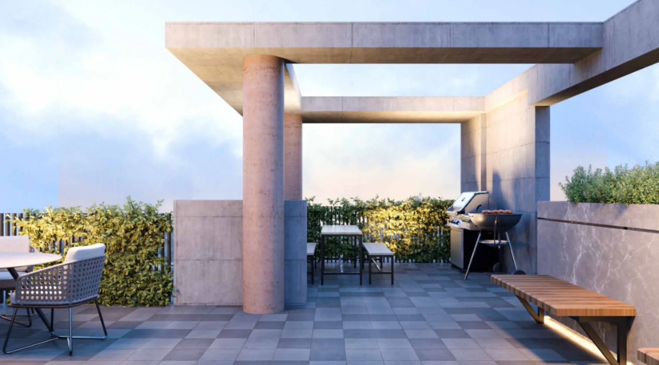 Barbecue corner on the roof at dusk