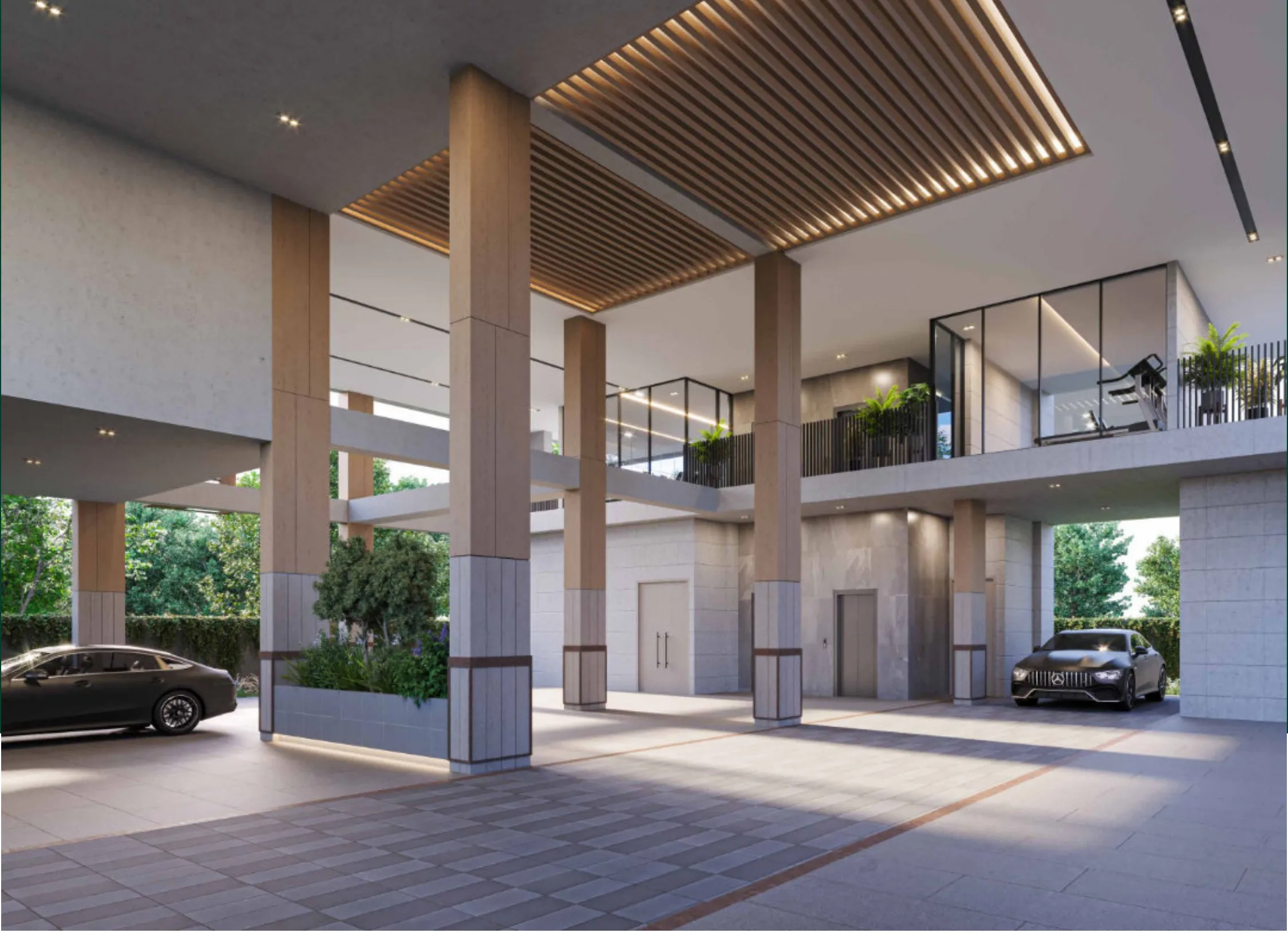 Double-height entrance lobby, with parking beyond